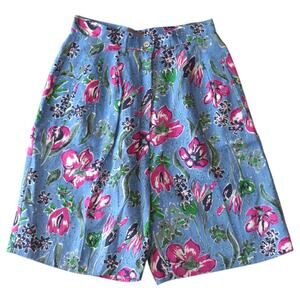 Vintage 90s Blue Floral High Waisted Linen Shorts Size SM